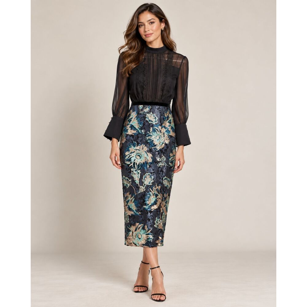 Marchesa Notte Black Sheer Floral Sequin Midi Dress Gown Size 6